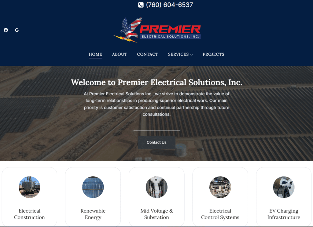 Premier Electrical Solutions, LLC website design with custom projects