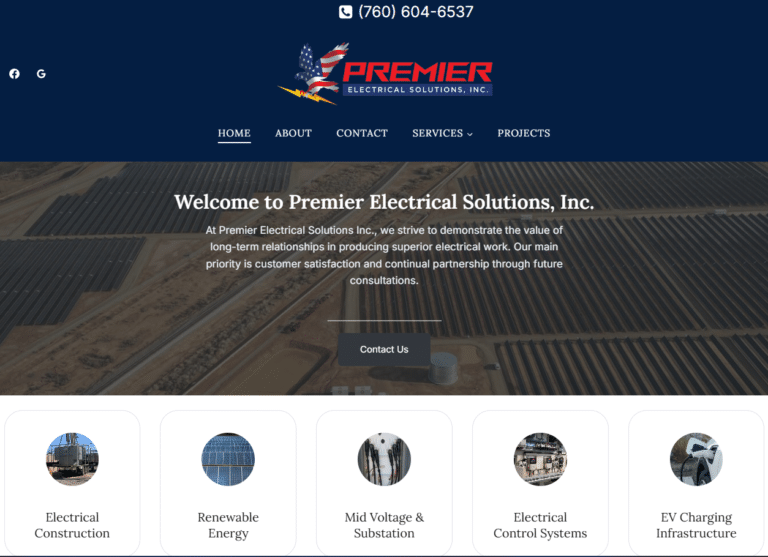 Premier Electrical Solutions, LLC website design with custom projects